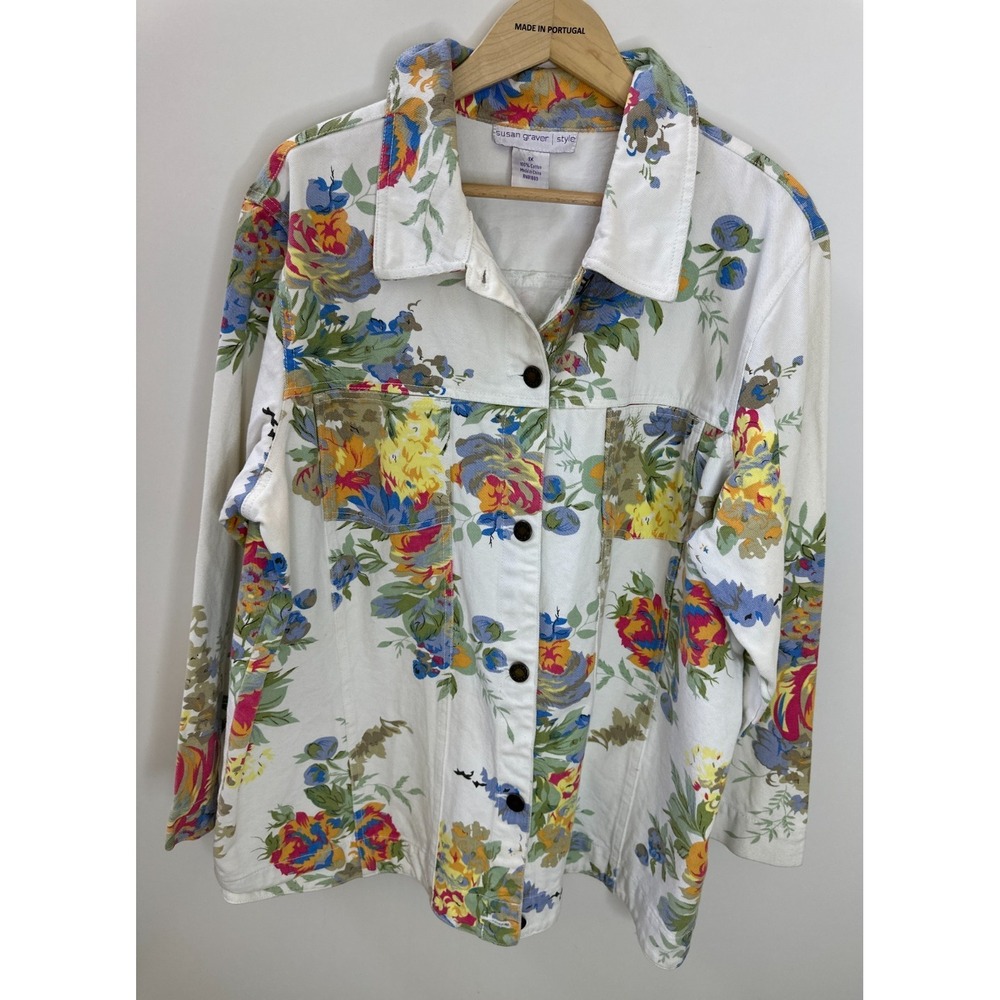 Susan Graver Floral Denim Trucker Jacket White Cotton Button Front Plus Size 1X - Picture 8 of 11